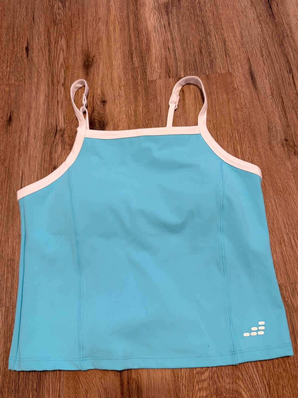 bcg women’s Light Blue One-Piece Tank with White Trim & built-in bra low support